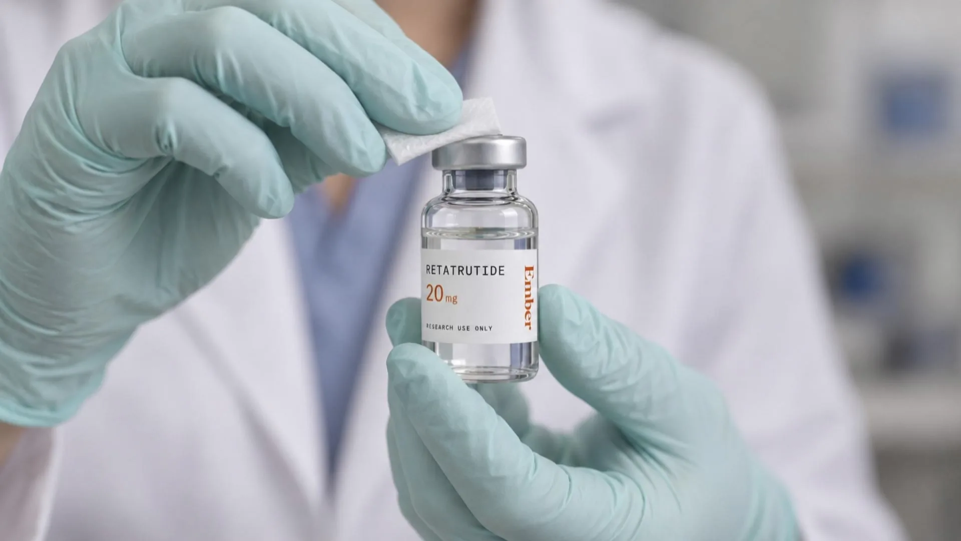 Gloved hands preparing a sealed Retatrutide research vial